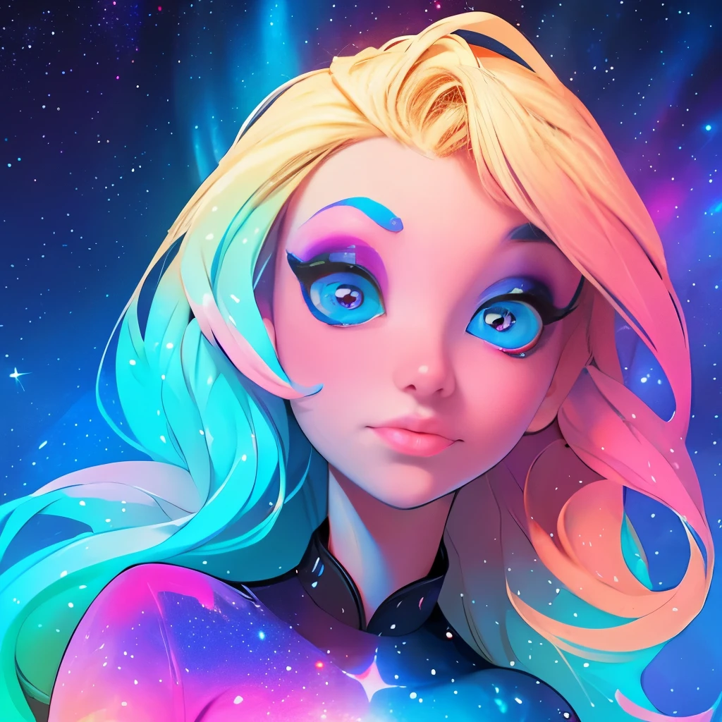 blond woman with blue eyes and a colorful dress posing for a picture, blonde girl in a cosmic dress, “ femme on a galactic shore, young beautiful amouranth, cosmic and colorful, her face looks like an orchid, aurora colored hair, colorful rave makeup, she looks like a mix of grimes, “uwu the prismatic person, cosmic girl, acid pixie
