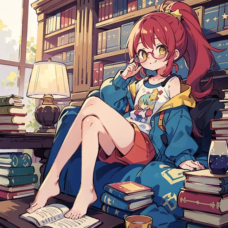 1 girl, librarian, (masterpiece, highest quality),(Detailed Hair), Super detailed, Anime Style, whole body ,cute, whole bodyきぐるみ, red hair ponytail、yellow eyes, Digital Painting, 8K High Resolution, whole body, White Background, Dynamic pose, Dynamic composition, (((comfortable clothes to wear in the library))), smile, pastel color, stars, (horrible fashion sense), lazy and tired, ((glasses)), books