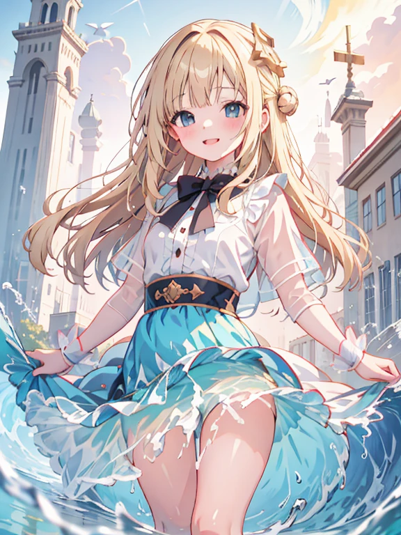 Highest quality、Ultra-high resolution、Highly detailed face、Eye highlights、A girl of about twelve, still with a touch of childishness、Long wavy blonde hair、smile、Liquid clothing、Standing on the water、Wave Splash、Water gathers around the girl's body and forms a dress.