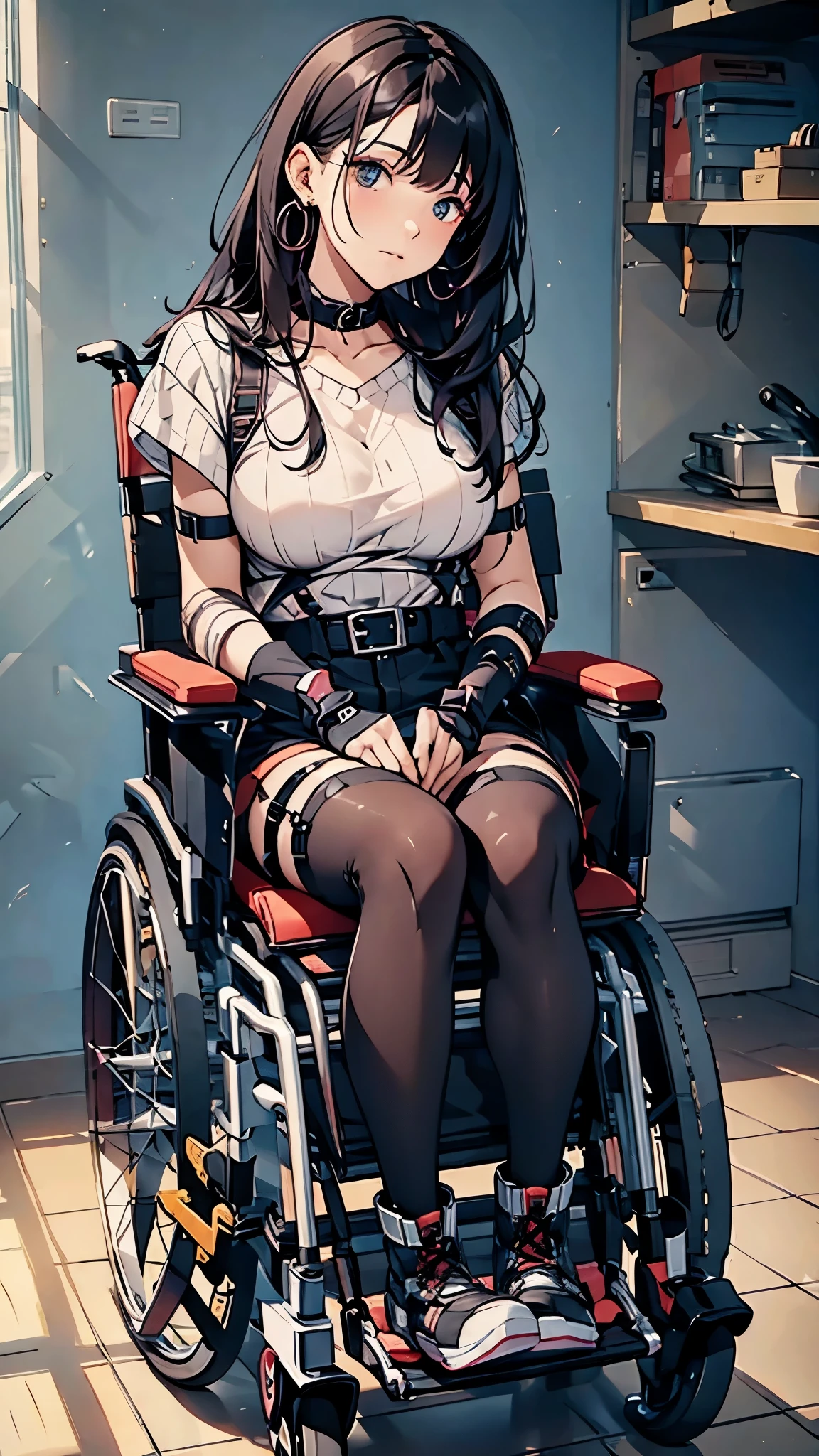 24 years old disabled woman in reclining electric wheelchair,glaring,hair above eyes,heavy make up,twintales hair,sliver hair,pink sweater with vertical lines,black pleated skirt,earrings,garter belt,fishnet pantyhose, lace up long boots,plastic arm brace,plastic leg brace,knee pad,elbow pad.