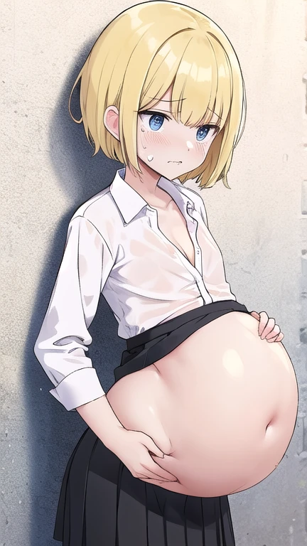 woman、Flat chest、Distended belly、Unbuttoned shirt、Black Skirt、Short blonde hair、Painful expression、Left hand touching belly、Place your right hand on the wall