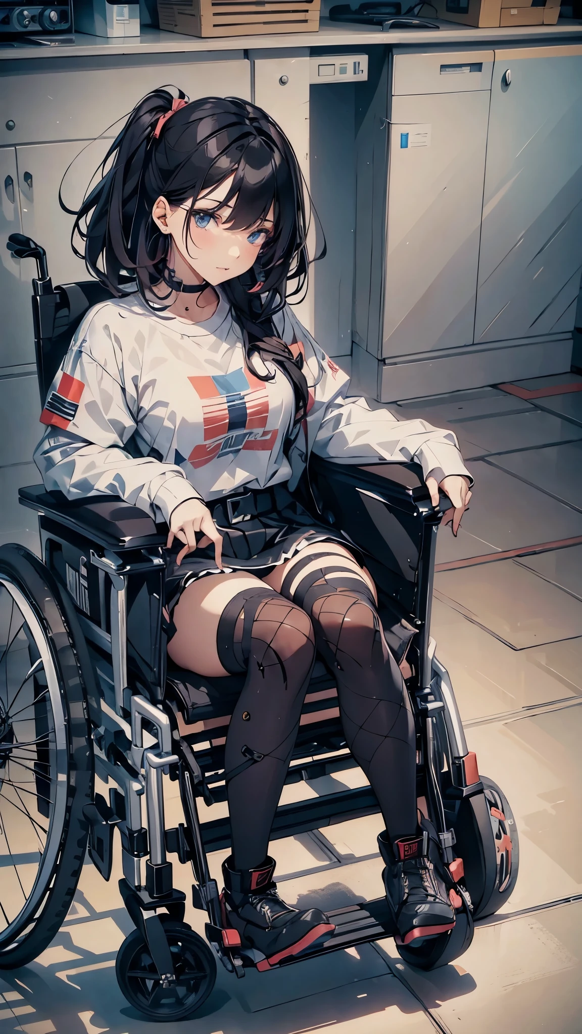 24 years old disabled woman in reclining electric wheelchair,glaring,hair above eyes,heavy make up,twintales hair,sliver hair,pink sweater with vertical lines,black pleated skirt,earrings,garter belt,fishnet pantyhose, lace up long boots,plastic arm brace,plastic leg brace,knee pad,elbow pad.