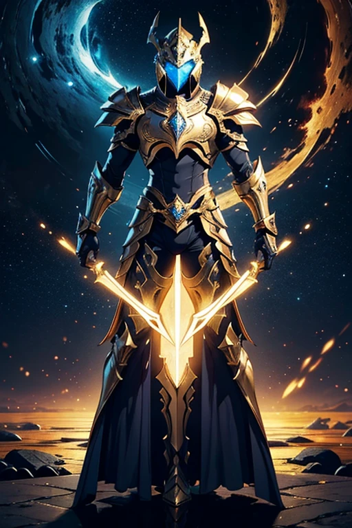 The image shows a golden male knight in a highly detailed armor, inspired by the Knights of the Zodiac. The figure is positioned facing the screen, allowing a clear view of all the details of the armor, with special emphasis on the shoulder pads. Rendered in Unreal Engine style, the armor has a polished golden metallic finish, with intricate designs that balance power and elegance.
The pauldrons are large, straight and angular, extending outwards and slightly upwards. This design creates a precise and imposing appearance, standing out as one of the most striking elements of the armor. The helmet has an aerodynamic shape, with a central crest that projects upwards, The visor glows blue, adding a high-tech touch.
The centerpiece of the chest is composed of segmented golden plates that overlap in a symmetrical pattern, providing protection and an air of grandeur. In the center of his chest, there is a jewel or crystal that emits a soft glow, bringing a touch of mystical energy to the armor. The arms are protected by articulated plates, while the gauntlets are robust and elegant, blending futuristic sophistication with the classic style of Zodiac armors.
The legs are covered by segmented plates that protect the thighs, knees and shins, ending in angled boots that give the figure a powerful stance. The background of the image is a dark cosmic scene, with a rocky terrain illuminated by distant stars and nebulae. The golden armor shines brightly against this backdrop, highlighting its divine and powerful nature. The dynamic lighting creates a dramatic effect, with shadows and reflections on the polished surfaces of the armor, especially on the shoulder pads and the central jewel, reinforcing the figure's mystical and imposing aura.