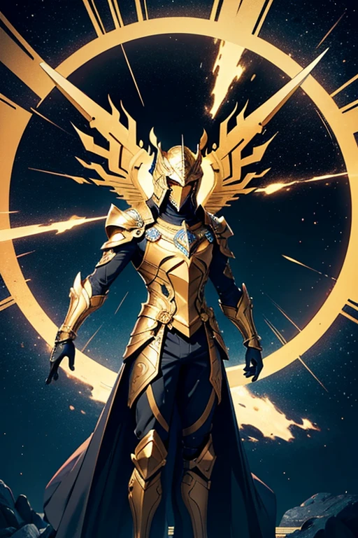 The image shows a golden male knight in a highly detailed armor, inspired by the Knights of the Zodiac. The figure is positioned facing the screen, allowing a clear view of all the details of the armor, with special emphasis on the shoulder pads. Rendered in Unreal Engine style, the armor has a polished golden metallic finish, with intricate designs that balance power and elegance.
The pauldrons are large, straight and angular, extending outwards and slightly upwards. This design creates a precise and imposing appearance, standing out as one of the most striking elements of the armor. The helmet has an aerodynamic shape, with a central crest that projects upwards, The visor glows blue, adding a high-tech touch.
The centerpiece of the chest is composed of segmented golden plates that overlap in a symmetrical pattern, providing protection and an air of grandeur. In the center of his chest, there is a jewel or crystal that emits a soft glow, bringing a touch of mystical energy to the armor. The arms are protected by articulated plates, while the gauntlets are robust and elegant, blending futuristic sophistication with the classic style of Zodiac armors.
The legs are covered by segmented plates that protect the thighs, knees and shins, ending in angled boots that give the figure a powerful stance. The background of the image is a dark cosmic scene, with a rocky terrain illuminated by distant stars and nebulae. The golden armor shines brightly against this backdrop, highlighting its divine and powerful nature. The dynamic lighting creates a dramatic effect, with shadows and reflections on the polished surfaces of the armor, especially on the shoulder pads and the central jewel, reinforcing the figure's mystical and imposing aura.