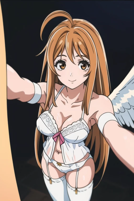 1girl, solo, masterpiece, best quality, highly quality , Aya-Natsume-KJ,  (white angel lingerie:1.4) , (from above , selfie:1.3) , (ahoge:1.4) , cute smile, yellow bra, pink pants, looking at viewers, smiling, large breast, smiling, Masterpiece, beautiful art, professional artist, 8k, very detailed face, very detailed hair, Auburn hair, knee-length hair strands, 