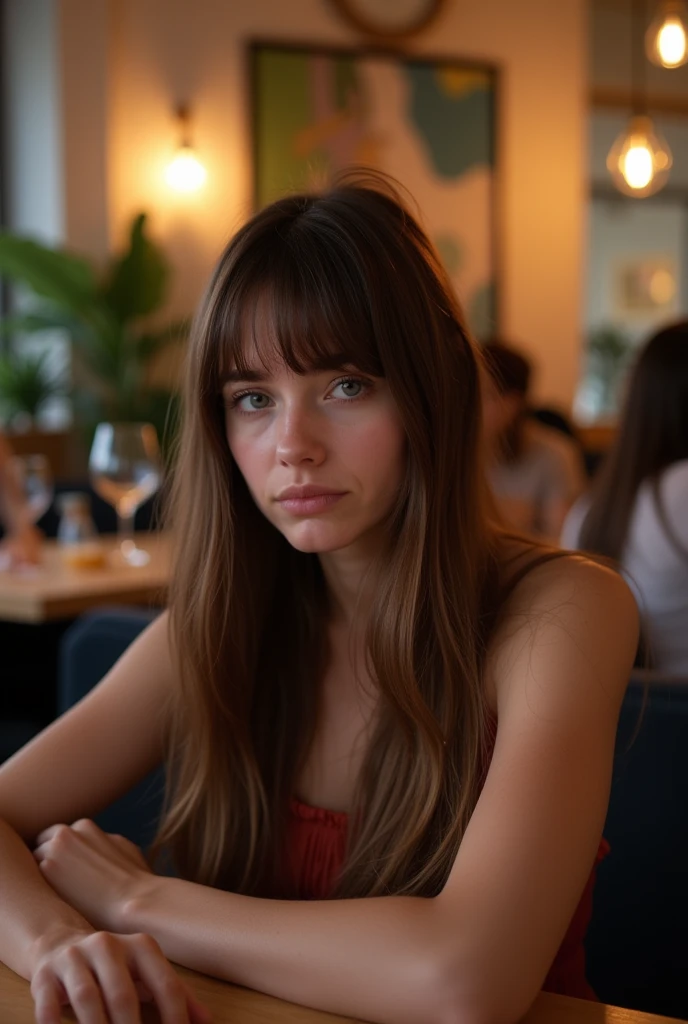A photo of a sad young Caucasian woman with long brown hair and bangs, sitting with friends in a modern restaurant.
