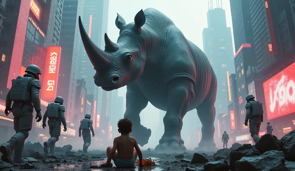 Bipedal rhinoceros creature causing destruction in the streets of a modern futuristic city. Soldiers in white uniforms taking cover behind debris. Among them a helpless sitting on the floor crying