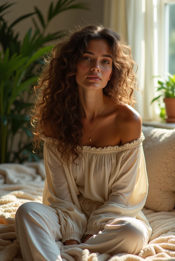 (photorealism:1.2), beautiful woman, sitting on bed, wearing loose off-shoulder top, pajama pants, long curly hair, indoors, soft lighting, plants in background, window with sunlight, cozy room, relaxed pose, realistic, intricate details, warm colors, by Greg Rutkowski, by Alphonse Mucha