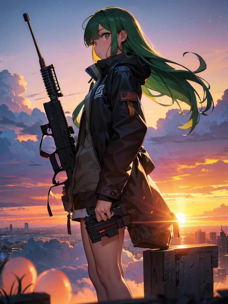 Empty City, A town above the clouds, Sky City,Black Eye,green hair, wearing a duffle coat, Falling from the sky, Watching the beautiful sunset, sundownに, sundown, As the sun sets, in the sunset, Nice views, Sunset view, With the sunset, sundownに, During Golden Hour, looking sundownに, Sunset in the background, Watching the sunset, Get noticed, Holding_gun, assault_rifle, Stylish Gunfighter Girl, スチームパンクの長gun身ピストルを持っている. Skillfully expressing the effects of light and shadow, Anime girls with guns and rifles, from ' Forefront, Mechanized Soldier Girl, ' Forefront style