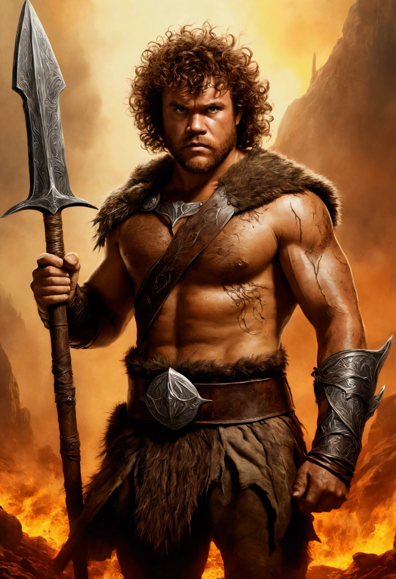 An illustrated movie poster, hand-drawn, full color, a fantasy barbarian, 21 years old, male, brown eyes, voluminous curly hair, scruffy beard, suntan complexion, herculean physique, broad shoulders, stocky frame, muscular, rugged, lots of body hair, hairy torso and hairy limbs, resembles John C. Reilly, wearing a leather pteruges, walking through a scorched battlefield, hard shadows, graphite shading, stencil marks, airbrushed acrylic paint, masterpiece, in the style of the Lord of the Rings