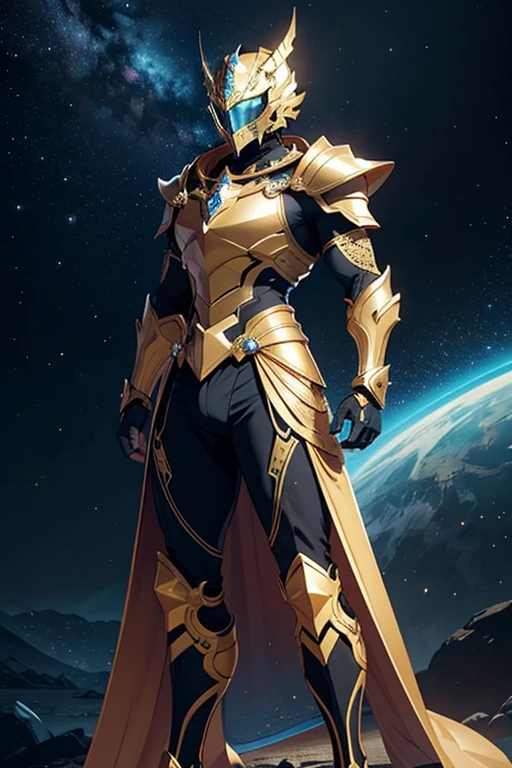 The image presents a golden knight in highly detailed armor, inspired by the Knights of the Zodiac. The figure is positioned facing the screen, allowing a clear view of all the details of the armor, with special emphasis on the shoulder pads. Rendered in Unreal Engine style, the armor has a polished golden metallic finish, with intricate designs that balance power and elegance.
The pauldrons are large, straight and angular, extending outwards and slightly upwards. This design creates a precise and imposing appearance, standing out as one of the most striking elements of the armor. The helmet has an aerodynamic shape, with a central crest that projects upwards, The visor glows blue, adding a high-tech touch.
The centerpiece of the chest is composed of segmented golden plates that overlap in a symmetrical pattern, providing protection and an air of grandeur. In the center of his chest, there is a jewel or crystal that emits a soft glow, bringing a touch of mystical energy to the armor. The arms are protected by articulated plates, while the gauntlets are robust and elegant, blending futuristic sophistication with the classic style of Zodiac armors.
The legs are covered by segmented plates that protect the thighs, knees and shins, ending in angled boots that give the figure a powerful stance. The background of the image is a dark cosmic scene, with a rocky terrain illuminated by distant stars and nebulae. The golden armor shines brightly against this backdrop, highlighting its divine and powerful nature. The dynamic lighting creates a dramatic effect, with shadows and reflections on the polished surfaces of the armor, especially on the shoulder pads and the central jewel, reinforcing the figure's mystical and imposing aura.