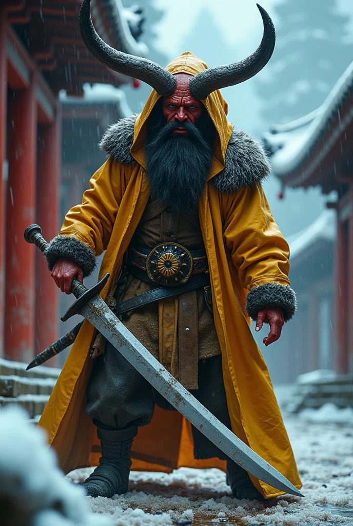 Dynamic combat pose bearded devil oni warrior golden intricate details insanely leather raincoat hooded, armored with a sword in his hand, , close-up portrait, 3D effect ultra-detailed intricate insanely full HD, golden ratio, volumetric modeling, surrounded by temple garden, spotlight embroidery, accents, intense gaze, digital painting cinematic film light, expressive eyes, ultra-realistic, ultra detailed, photorealistic, , , low-angle shot,broken red bricks wall behind with intricate details of the diorama , dramatic angle, extreme angle shot, wide-angle shot, close-up shotTired and cold expression in his face and eyes but inner grin Bearded mountain man snow covered ground, surrounded by frozen peaks, hyperrealist artwork by Iván Pili, photorealistic digital painting, accents, Green wool hat, , lens flare, at the top, , panoramic shot, His eyes have the spark of life, storm of snow at night, beard grey, , adventure, western, wild west, horror, let it snow,