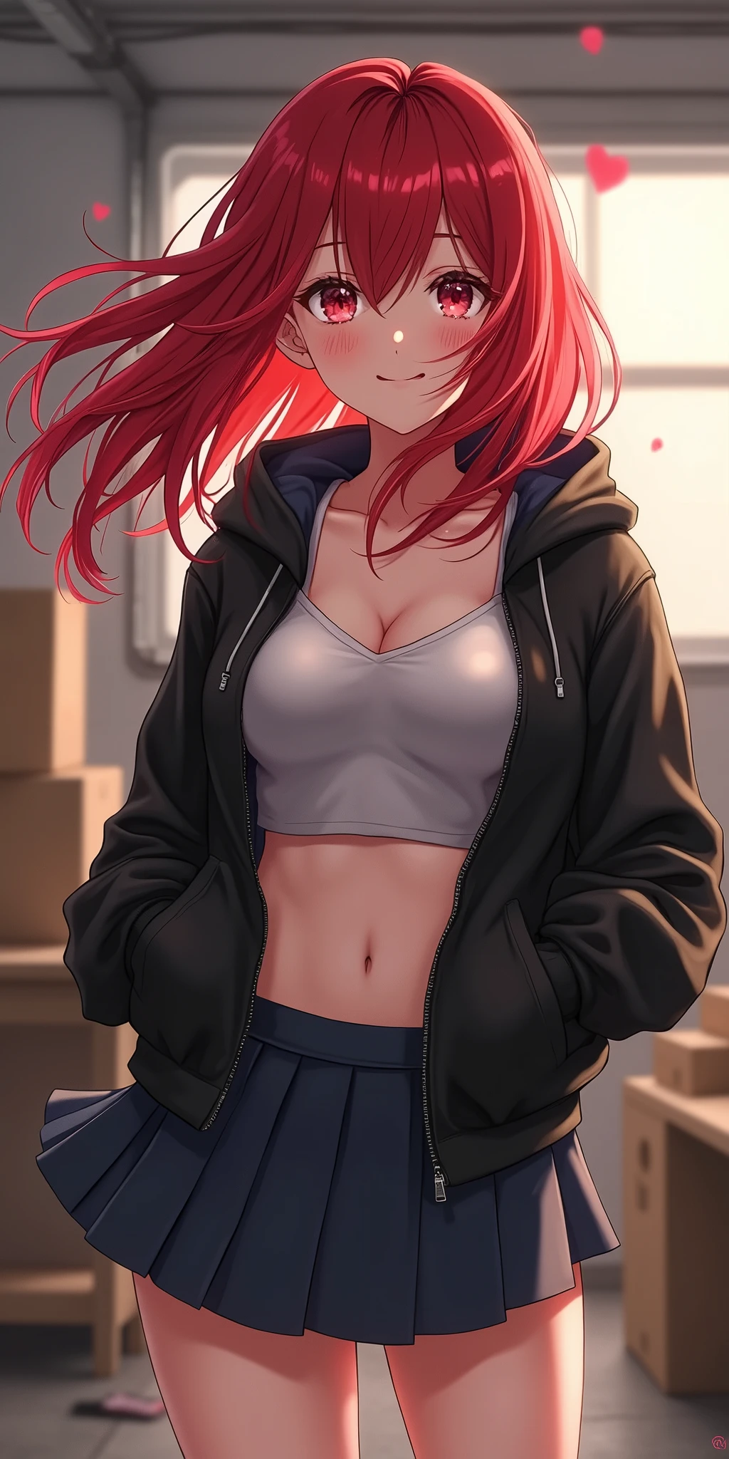 (best quality, ultra-detailed, photorealistic: 1.39), bright and vibrant colors, studio lighting, romantic expression, An effeminate girl, with a delicate and beautiful face. She is a girl who reflects seductive beauty, sparkling eyes, extremely beautiful woman, red hair, beautiful smile, a seductive modern adult woman, with medium breasts, she wears a black jacket, beautiful crop top underneath, her pleated schoolgirl skirt stands out against the blowing wind, in the garage, boxes and tables, car scraps, she is in love, She is in a beautiful pose demonstrating her charm even though she is blushing, in the kitchen, anime style, Anime Bishoujo