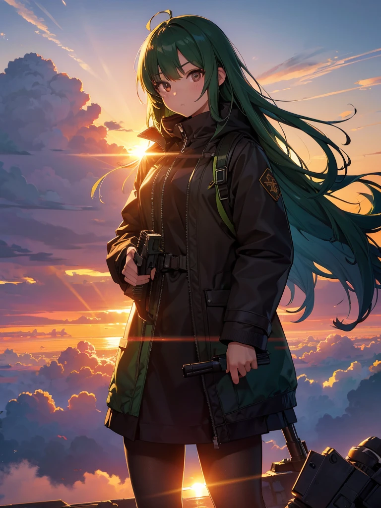 Empty City, A town above the clouds, Sky City,Black Eye,green hair, wearing a duffle coat, Falling from the sky, Watching the beautiful sunset, sundownに, sundown, As the sun sets, in the sunset, Nice views, Sunset view, With the sunset, sundownに, During Golden Hour, looking sundownに, Sunset in the background, Watching the sunset, Get noticed, Holding_gun, assault_rifle, スチームパンクの長gun身ピストルを持っている. Skillfully expressing the effects of light and shadow, Anime girls with guns and rifles, from ' Forefront, Mechanized Soldier Girl, ' Forefront style