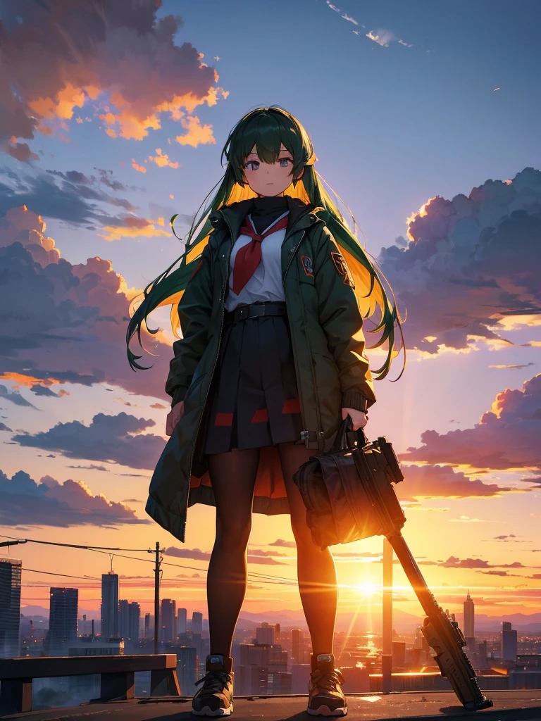 Empty City, A town above the clouds, Sky City,Black Eye,green hair, wearing a duffle coat, Falling from the sky, Watching the beautiful sunset, sundownに, sundown, As the sun sets, in the sunset, Nice views, Sunset view, With the sunset, sundownに, During Golden Hour, looking sundownに, Sunset in the background, Watching the sunset, Get noticed, Holding_gun, assault_rifle, スチームパンクの長gun身ピストルを持っている. Skillfully expressing the effects of light and shadow, Anime girls with guns and rifles, from &#39; Forefront, Mechanized Soldier Girl, &#39; Forefront style