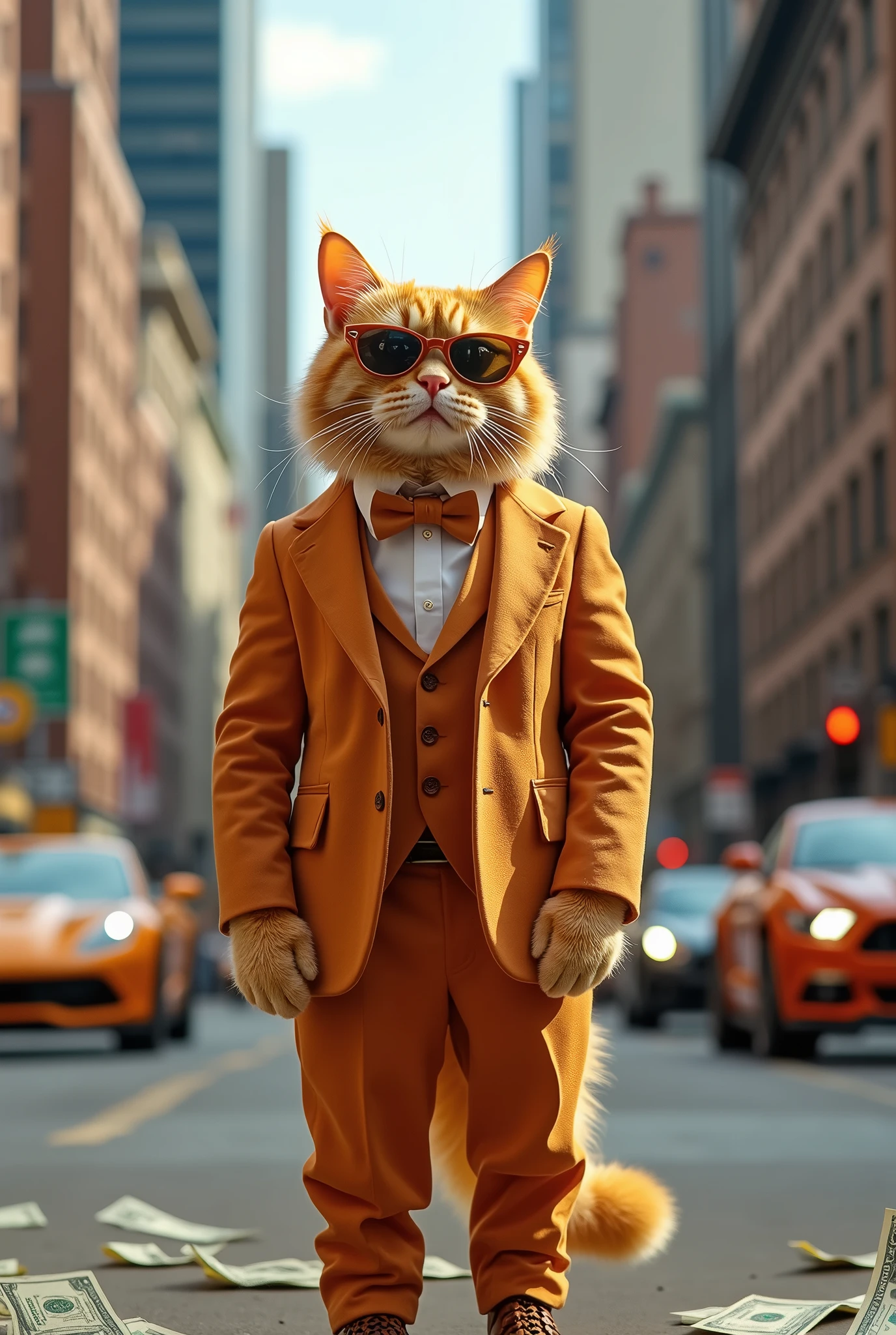 Orange cat suit, leather shoes, sunglasses, money