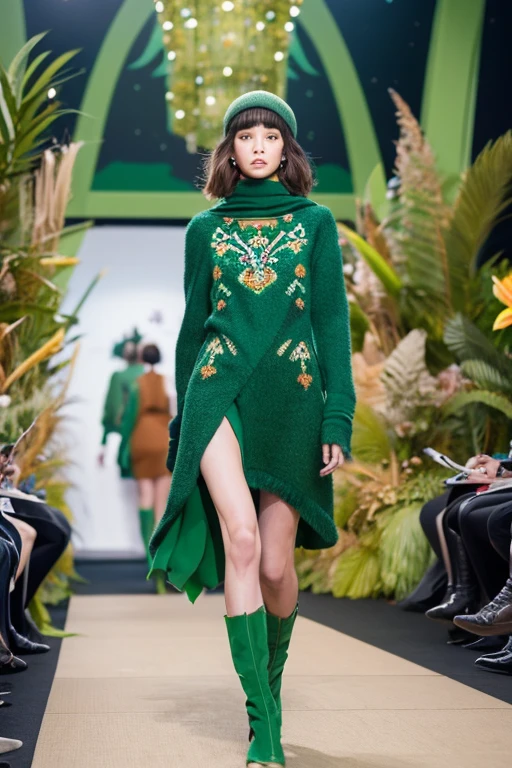 Mixing the fashion of Nausicaä of the Valley of the Wind and Princess Kushana.、Create a fashionable illustration that could be shown at Paris Fashion Week。The trend color is emerald green.