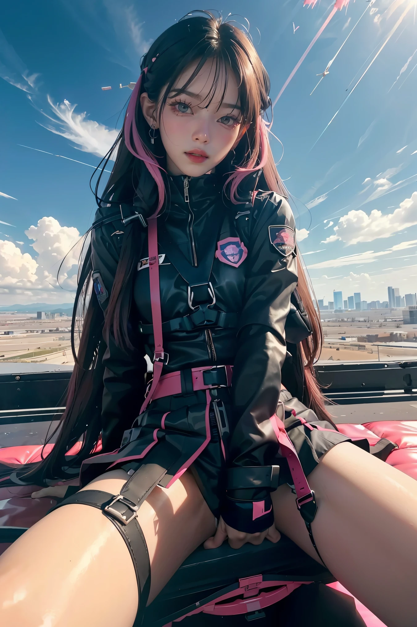 Jump skydiving scene, black pink Lisa parachuting with long hair flying in a mess, black police uniform, harness, flowing pink miniskirt, in a panoramic view, anatomically correct, above knee portrait photo, very realistic, material reflective and dispersive. Dispersion of light and sunlight, and clouds high detail, high quality