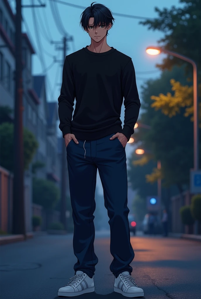 1guy, male, anime, pitch-black piercing eyes, handsome guy, with black sweater and long dark-blue pants, white sneakers, standing