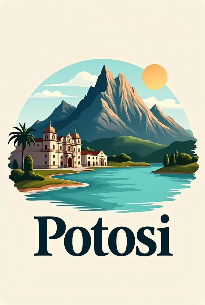 Potosi logo with the Cerro Rico, the Mint and the Laguna Verde with a title of Potosi 
