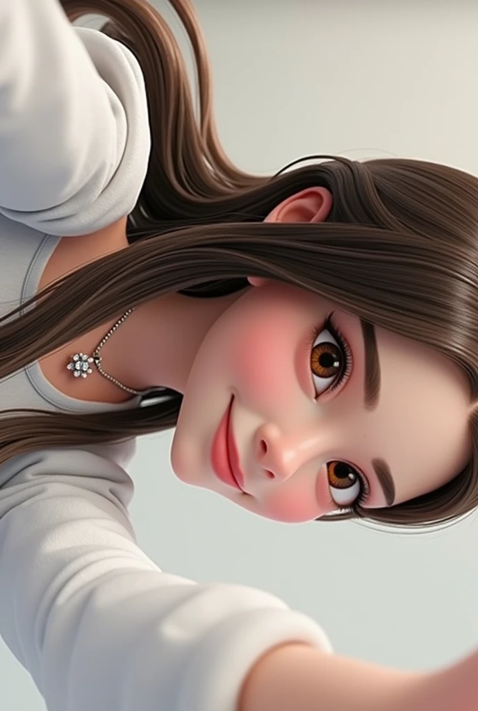 Create a 3D Disney female character with straight brown hair, white blouse, The image is horizontal as if it were a selfie, Her skin is white and she is wearing a necklace, The image background is white and she is smiling with her mouth closed, The image quality is cinematic