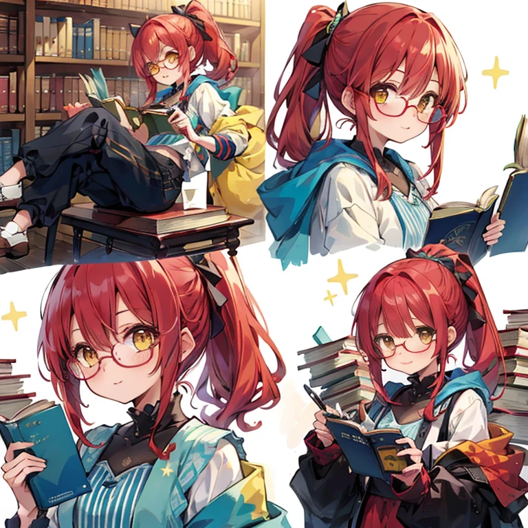 1 girl, librarian, (masterpiece, highest quality),(Detailed Hair), Super detailed, Anime Style, whole body ,cute, whole bodyきぐるみ, red hair ponytail、yellow eyes, Digital Painting, 8K High Resolution, whole body, White Background, Dynamic pose, Dynamic composition, (((comfortable clothes to wear in the library))), smile, pastel color, stars, (horrible fashion sense), lazy and tired, ((glasses)), books