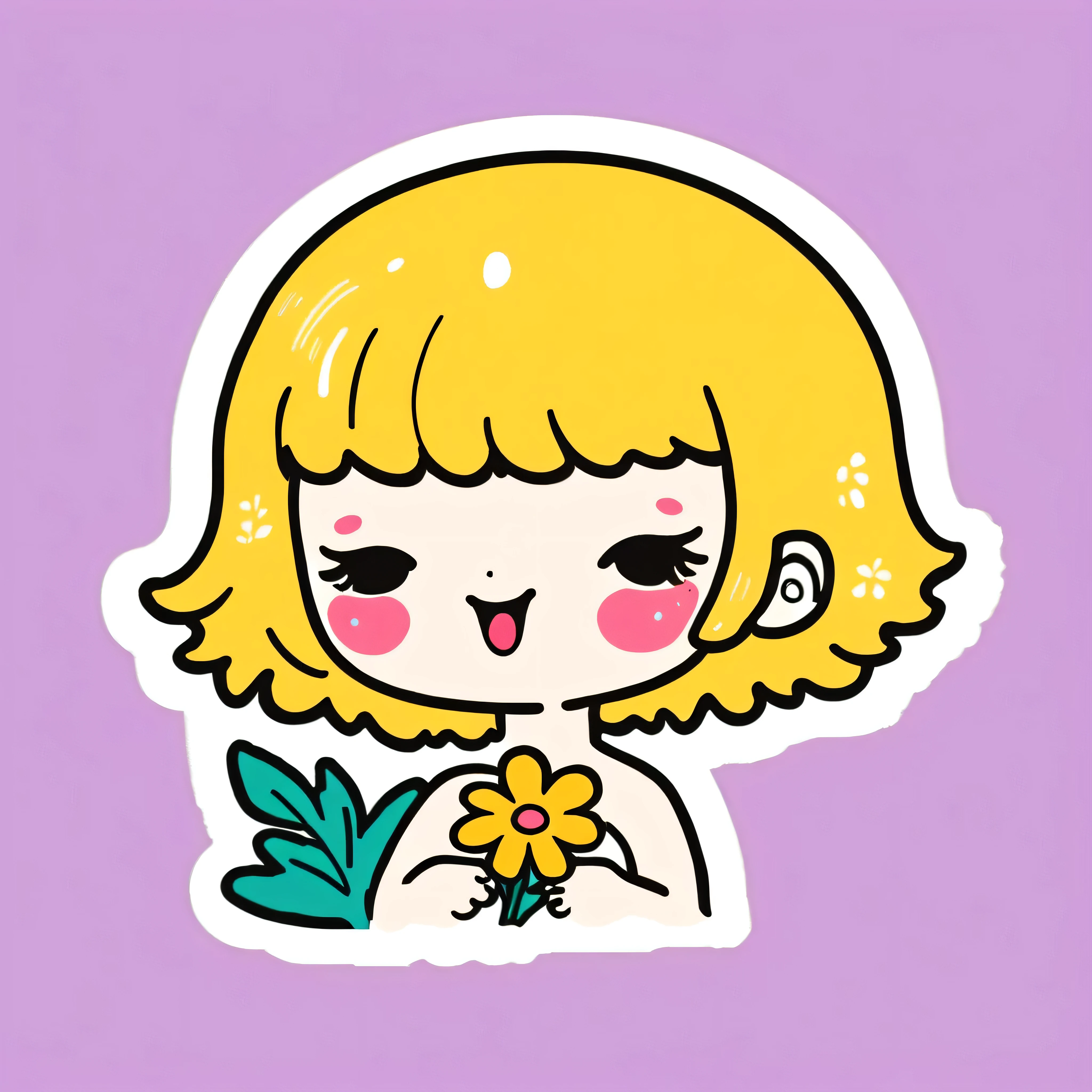 Sticker, girl, short hair with bangs, golden hair, she winks, in her hands she has a flower