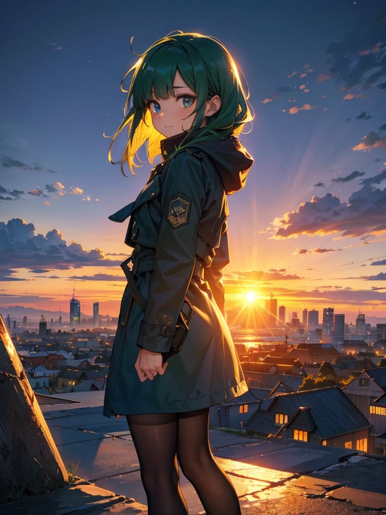 Empty City, A town above the clouds, Sky City,Black Eye,green hair, wearing a duffle coat, Falling from the sky, Watching the beautiful sunset, sundownに, sundown, As the sun sets, in the sunset, Nice views, Sunset view, With the sunset, sundownに, During Golden Hour, looking sundownに, Sunset in the background,