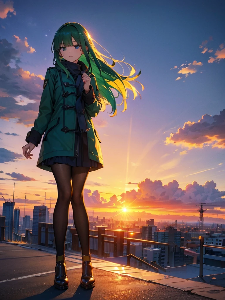Empty City, A town above the clouds, Sky City,Black Eye,green hair, wearing a duffle coat, Falling from the sky, Watching the beautiful sunset, sundownに, sundown, As the sun sets, in the sunset, Nice views, Sunset view, With the sunset, sundownに, During Golden Hour, looking sundownに, Sunset in the background, 
