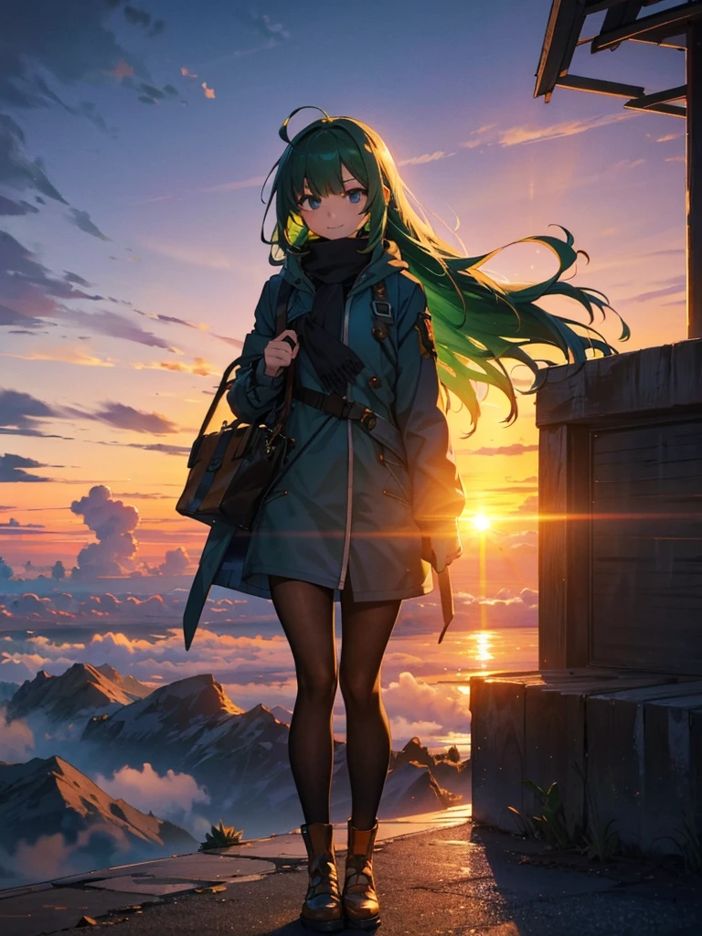 Empty City, A town above the clouds, Sky City,Black Eye,green hair, wearing a duffle coat, Falling from the sky, Watching the beautiful sunset, sundownに, sundown, As the sun sets, in the sunset, Nice views, Sunset view, With the sunset, sundownに, During Golden Hour, looking sundownに, Sunset in the background,