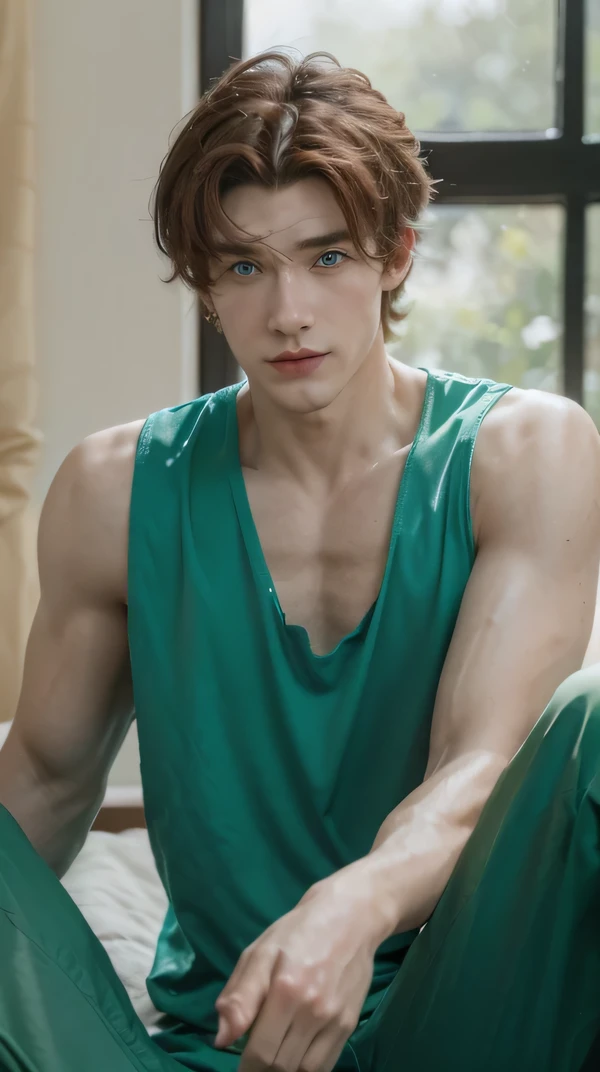 Attractive Scottish-American man with a stocky physique, visibly hydrated skin, tattoo on his arm, and hair on his chest and abdomen, tousled red hair, and green eyes, wearing an open blue blouse and blue pants, lying on a hospital gurney, looking out the window to the side with a grateful smile, with the sunlight on his face, in a room , best qualityer , 4K , Masterpiece artwork  .