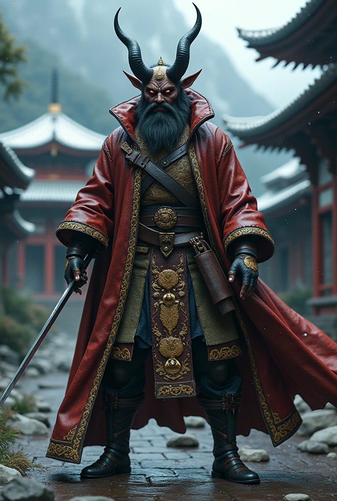 Dynamic combat pose bearded devil oni warrior golden intricate details insanely leather raincoat hooded, armored with a sword in his hand, , close-up portrait, 3D effect ultra-detailed intricate insanely full HD, golden ratio, volumetric modeling, surrounded by temple garden, spotlight embroidery, accents, intense gaze, digital painting cinematic film light, expressive eyes, ultra-realistic, ultra detailed, photorealistic, , , low-angle shot,broken red bricks wall behind with intricate details of the diorama , dramatic angle, extreme angle shot, wide-angle shot, close-up shotTired and cold expression in his face and eyes but inner grin Bearded mountain man snow covered ground, surrounded by frozen peaks, hyperrealist artwork by Iván Pili, photorealistic digital painting, accents, Green wool hat, , lens flare, at the top, , panoramic shot, His eyes have the spark of life, storm of snow at night, beard grey, , adventure, western, wild west, horror, let it snow,