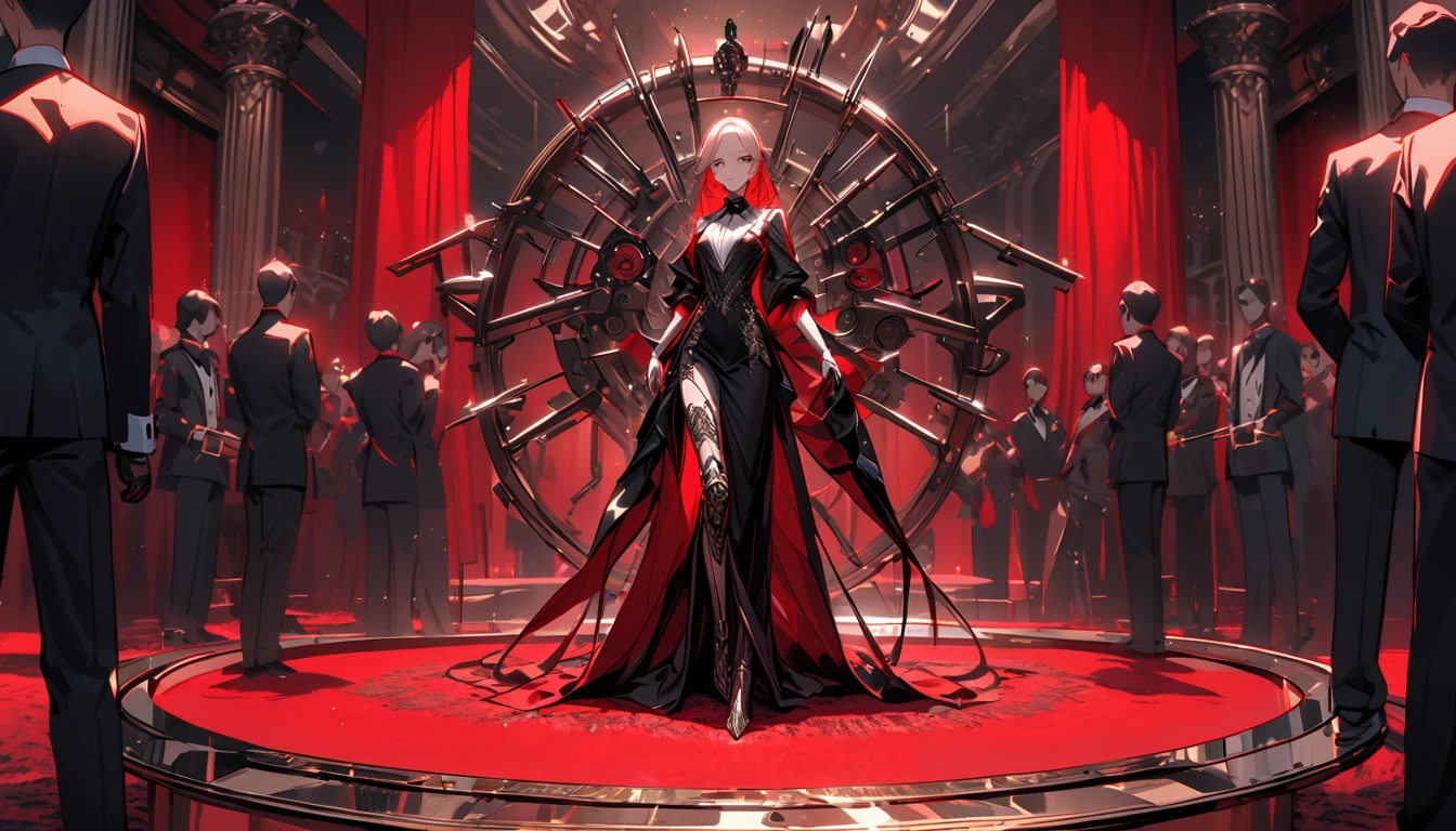 solo female clockwork automaton of exceptional quality, made of steel and copper, the centerpiece of an exhibit, surrounded by an admiring crowd, elegant and slender, beautiful and delicate construction, mansion indoors, red velvet rugs and curtains, high society