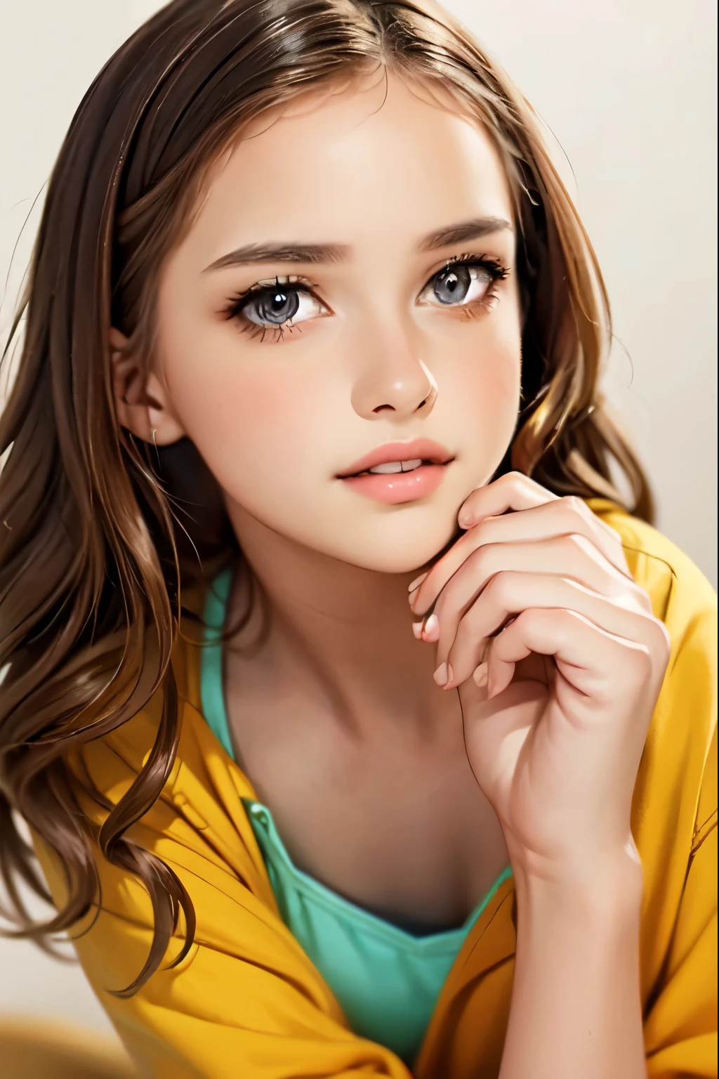 Bright colors, beautiful style, high-quality illustrations, female chin holding hand position, elegant drawing, detailed illustration of clothing and facial features.