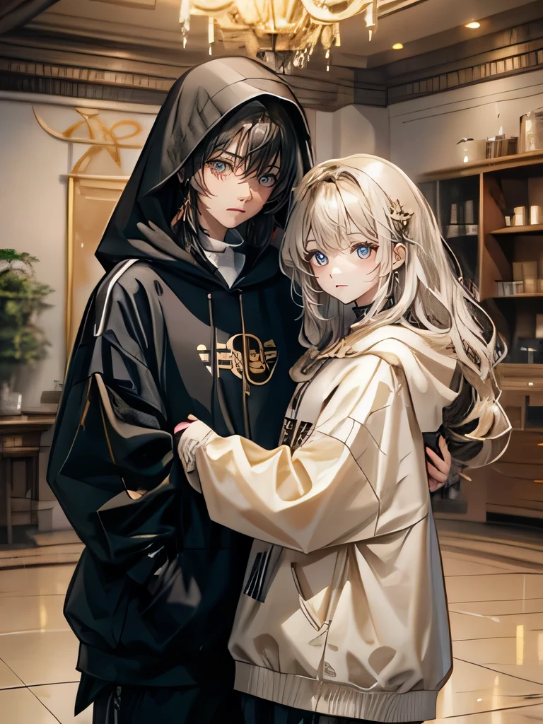 1woman elder sister, ((long wavy hair)), swept bangs, ((golden eyes)), smile, modern clothes, hugging a younger brother boy with short messy black hair and black simple hoodie siblings, siblings vibes