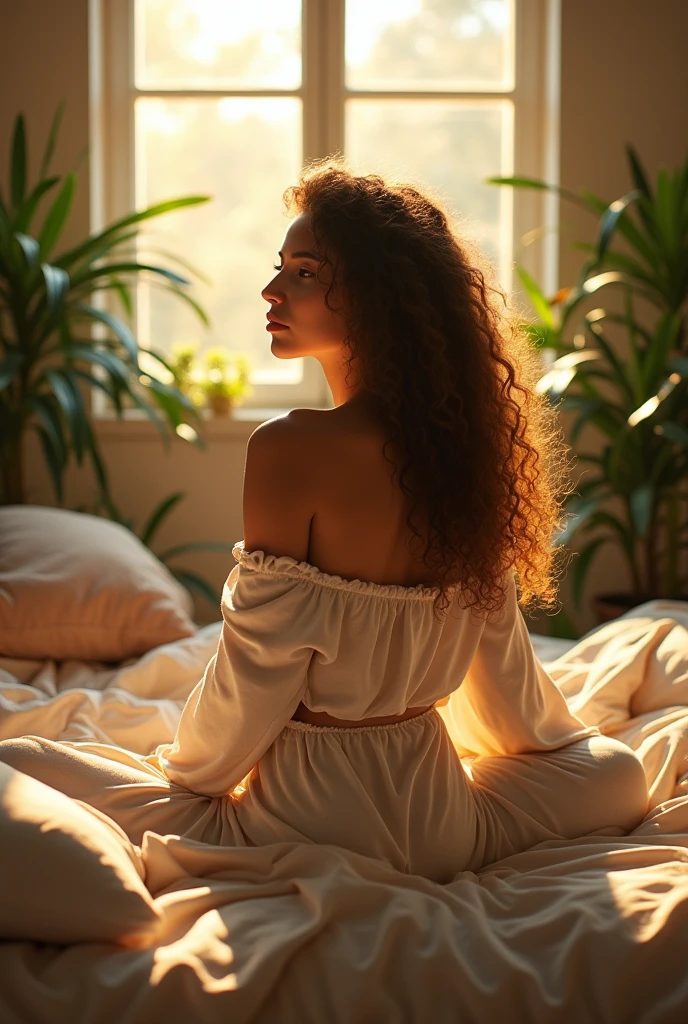 (photorealism:1.2), beautiful woman, sitting on bed, wearing loose off-shoulder top, pajama pants, long curly hair, indoors, soft lighting, plants in background, window with sunlight, cozy room, relaxed pose, realistic, intricate details, warm colors, by Greg Rutkowski, by Alphonse Mucha
