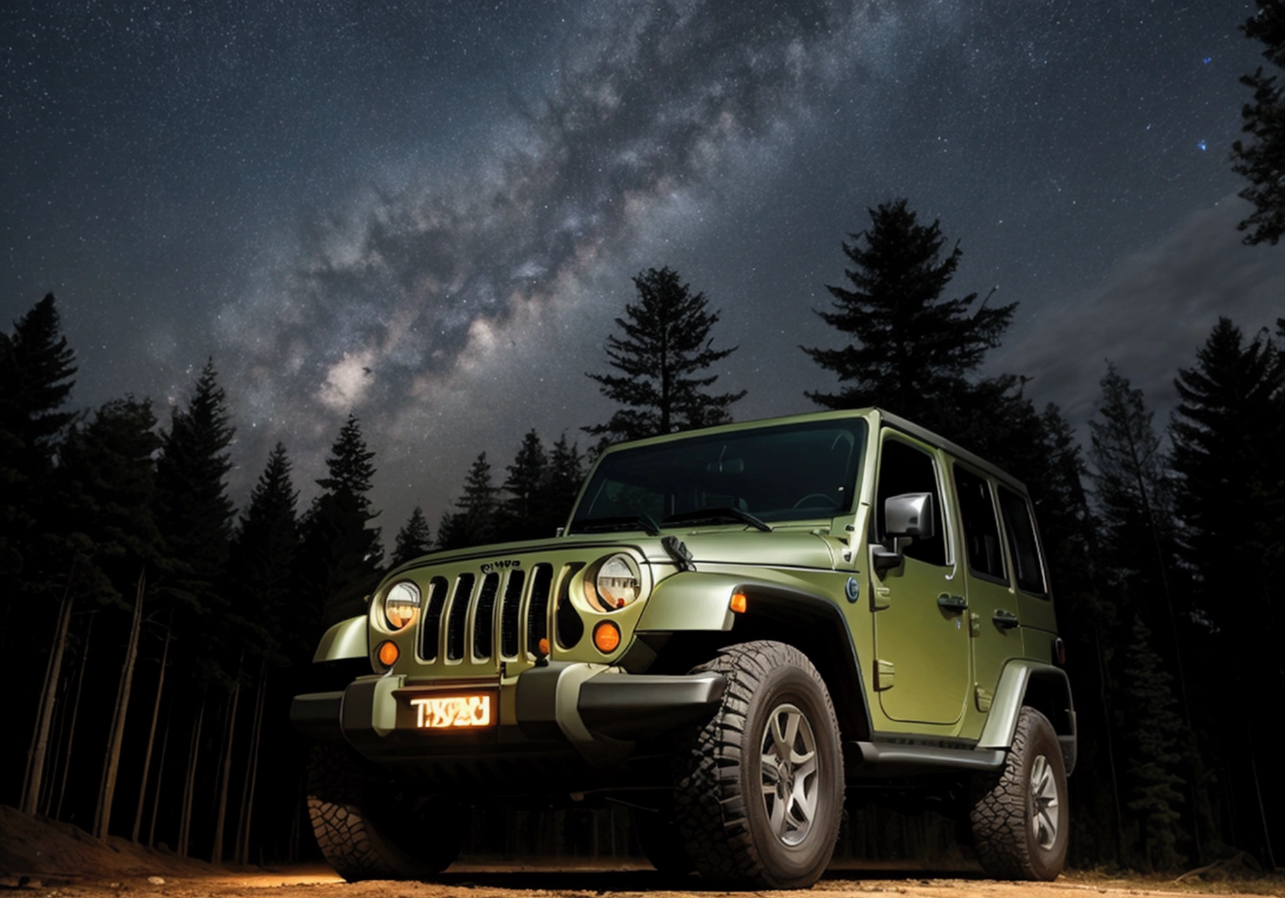 The Sharma family driving through a dense, dark forest at night with their old Jeep, surrounded by tall trees under a starry sky.