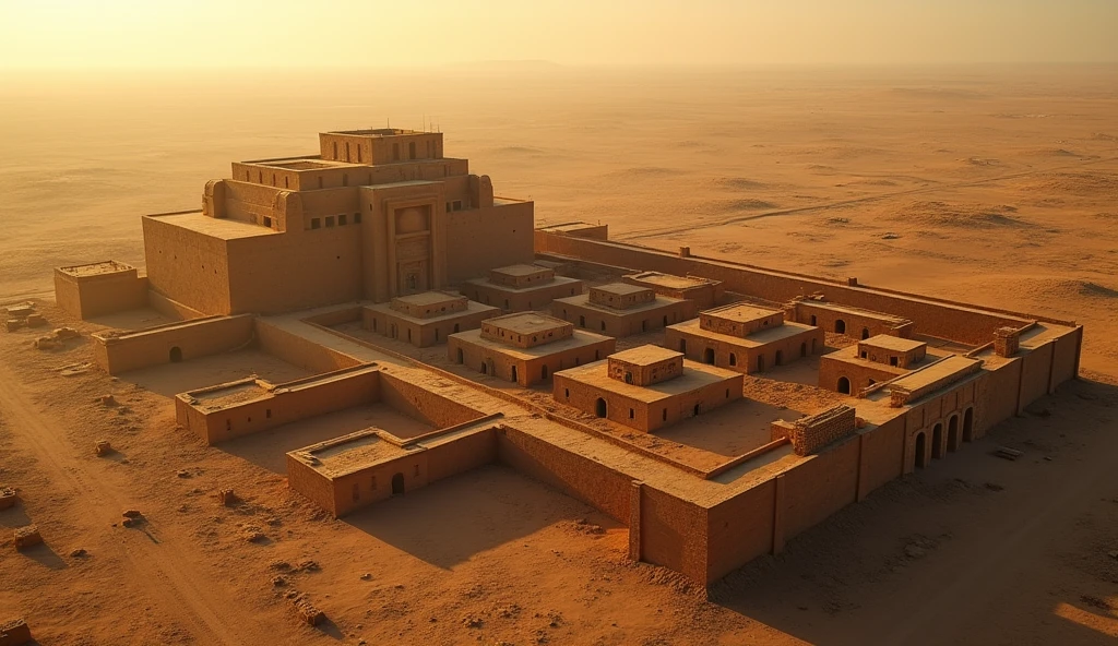 A dramatic overhead shot of the massive citadel of Mohenjo-Daro, with its towering walls and expansive granary complex. The scene highlights the strategic importance of these structures, with the citadel standing tall, overseeing the entire city, symbolizing power and protection