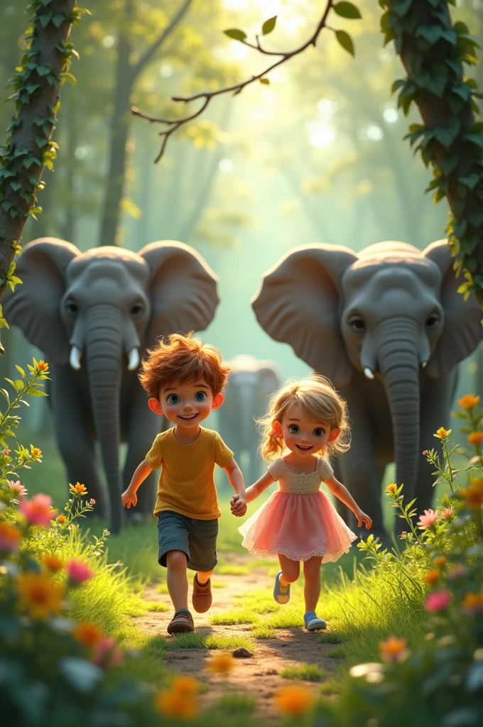 "Create an enchanting scene featuring a young boy and girl running alone in a lush, dense forest. Surround them with a gentle group of elephants, making sure the elephants appear calm and friendly. The background should be a vibrant, magical forest with sunlight filtering through the trees, adding a sense of wonder and tranquility to the setting."