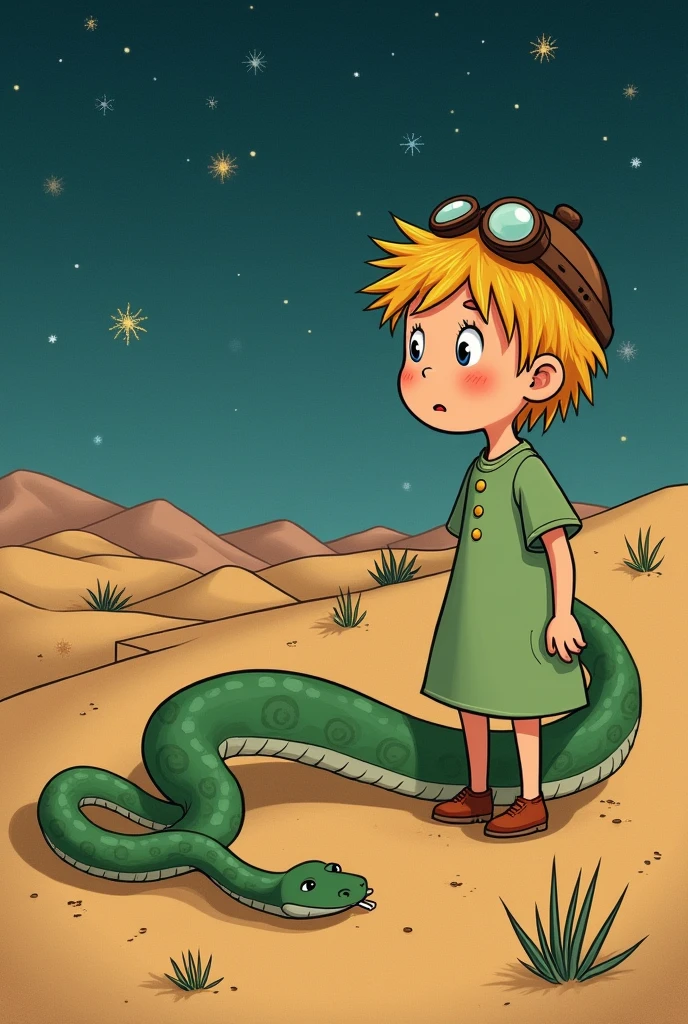 Generate an image of The Little Prince with a confused face and an aviator hat, also with the snake in the background trying to attack