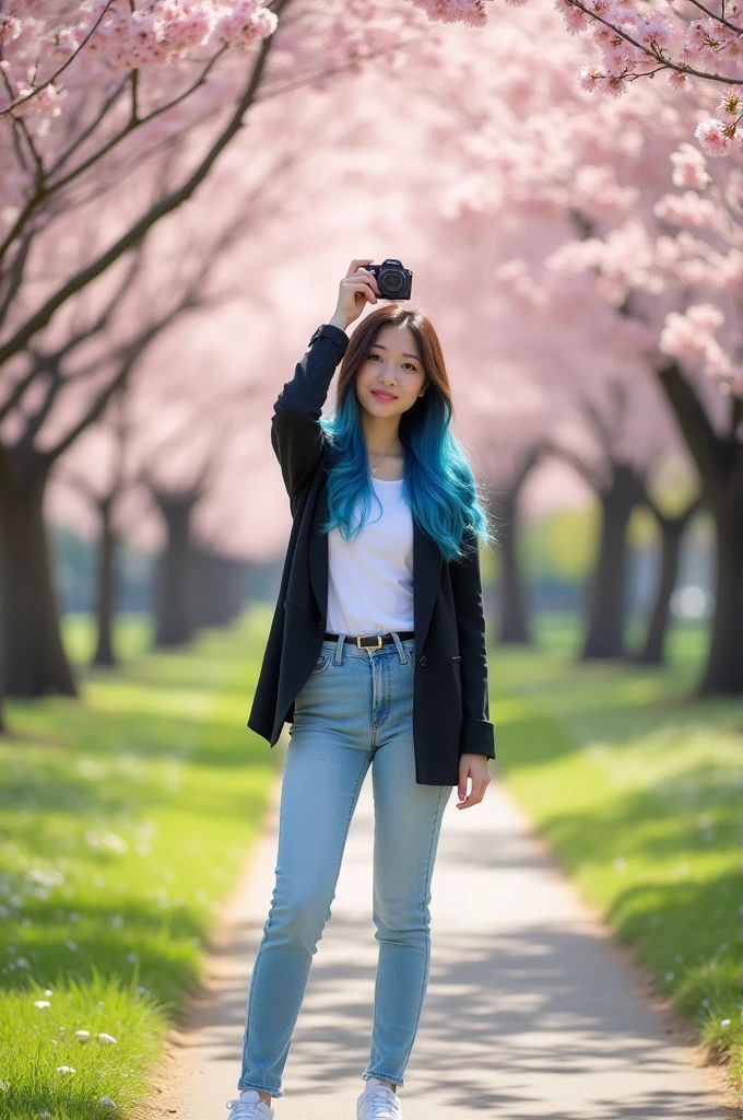 Imagine a young woman of Japanese origin with blue highlights in her white skin, white shirt, black blouse, light blue jeans, and white and black shoes. She is in a park taking a picture.