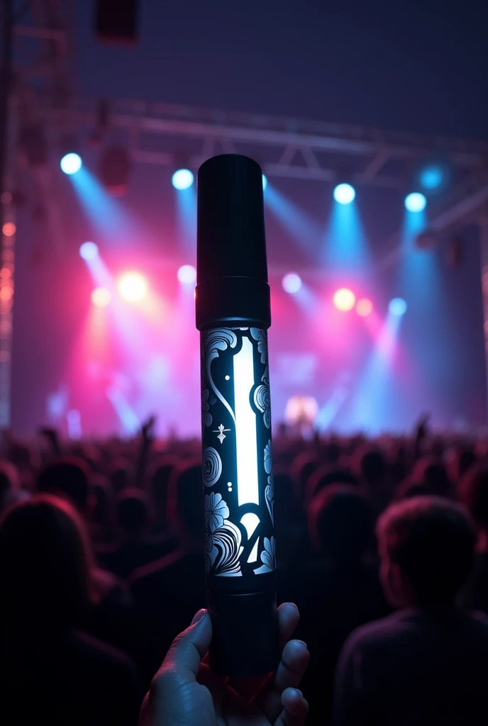 A black and white kpop lightstick that is not shaken, has a tube shape and is round.