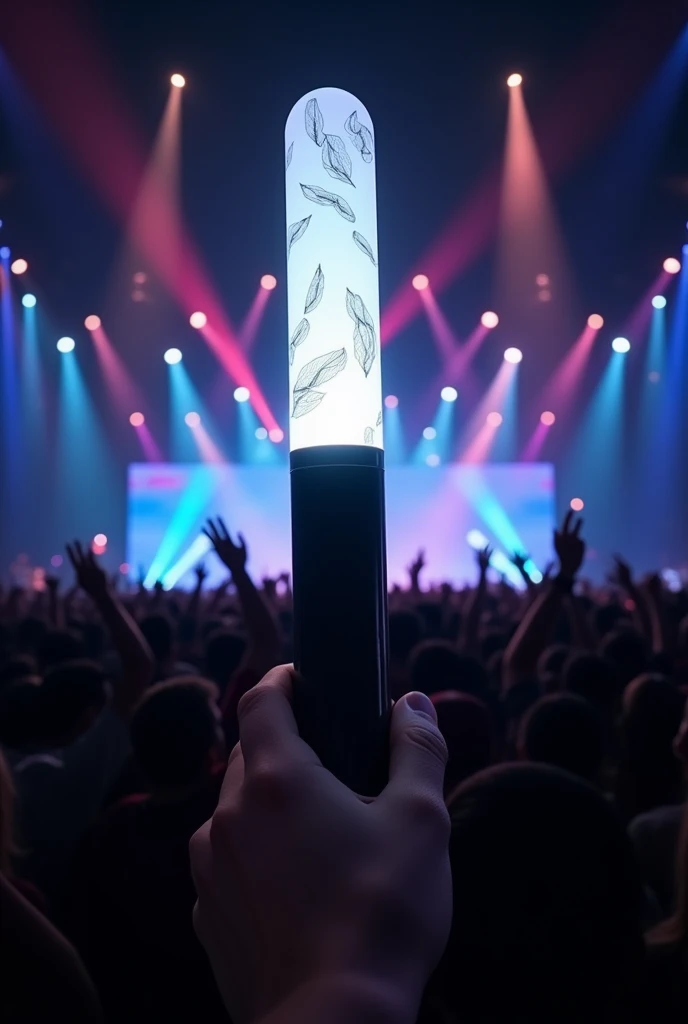 A black and white kpop lightstick that is not shaken, has a tube shape and is round. 
