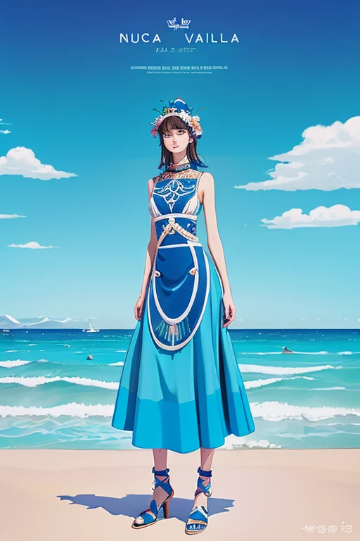 Mixing the fashion of Nausicaä of the Valley of the Wind and Princess Kushana.、Create a fashionable illustration that could be shown at Paris Fashion Week。The trend colors are sky blue and ocean blue.