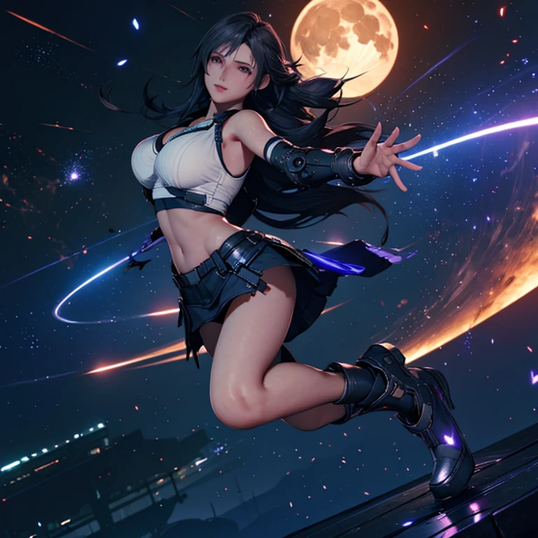 ((Master quality, 8K, masterpiece:1.3, ultra-detailed, high resolution, RAW Photos, detailed , blurry, Actual, hyper realistic, photo, HDR)), BREAK, perfect anatomy:1.5, perfect hands, perfect legs, perfect feet, detailed eyes, BREAK, One person alone, ff7r style, tifa lockhart,, beautiful face, beautiful detailed eyes, (dynamic posing ), long hair, ( Round and Stacked Breasts ), Cleavage, seductive smile:1.5, Sweat-soaked skin, BREAK, , Graffiti art, BREAK, ( Random Angle, full-body, ), dynamic angle, , background(Realistic , cinematic lighting, depth of field, night , the full moon,, cyberpunk city atmosphere light particles, , )