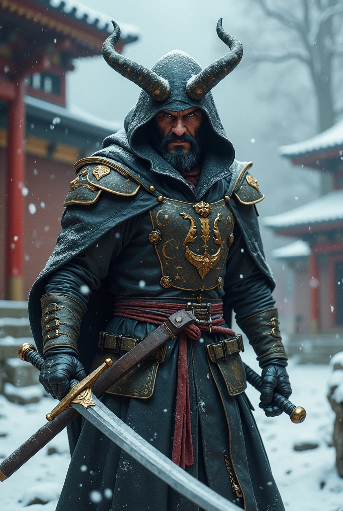 Dynamic combat pose bearded devil oni warrior golden intricate details insanely leather raincoat hooded, armored with a sword in his hand, , close-up portrait, 3D effect ultra-detailed intricate insanely full HD, golden ratio, volumetric modeling, surrounded by temple garden, spotlight embroidery, accents, intense gaze, digital painting cinematic film light, expressive eyes, ultra-realistic, ultra detailed, photorealistic, , , low-angle shot,broken red bricks wall behind with intricate details of the diorama , dramatic angle, extreme angle shot, wide-angle shot, close-up shotTired and cold expression in his face and eyes but inner grin Bearded mountain man snow covered ground, surrounded by frozen peaks, hyperrealist artwork by Iván Pili, photorealistic digital painting, accents, Green wool hat, , lens flare, at the top, , panoramic shot, His eyes have the spark of life, storm of snow at night, beard grey, , adventure, western, wild west, horror, let it snow,