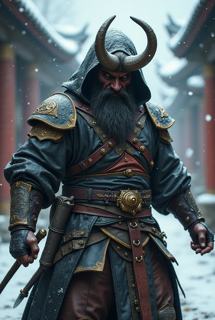 Dynamic combat pose bearded devil oni warrior golden intricate details insanely leather raincoat hooded, armored with a sword in his hand, , close-up portrait, 3D effect ultra-detailed intricate insanely full HD, golden ratio, volumetric modeling, surrounded by temple garden, spotlight embroidery, accents, intense gaze, digital painting cinematic film light, expressive eyes, ultra-realistic, ultra detailed, photorealistic, , , low-angle shot,broken red bricks wall behind with intricate details of the diorama , dramatic angle, extreme angle shot, wide-angle shot, close-up shotTired and cold expression in his face and eyes but inner grin Bearded mountain man snow covered ground, surrounded by frozen peaks, hyperrealist artwork by Iván Pili, photorealistic digital painting, accents, Green wool hat, , lens flare, at the top, , panoramic shot, His eyes have the spark of life, storm of snow at night, beard grey, , adventure, western, wild west, horror, let it snow,