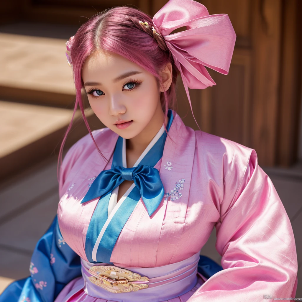 (finely detailed beautiful eyes and detailed face,masterpiece sidelighting,masterpiece,Highest quality,detailed,High resolution illustrations),, (One person,whole body,beautiful girl,Shiny skin,Looking down,View your viewers),, (Pink Hair,blue eyes,ribbon,Hanbok, korean clothing), (Dressed_Underbust:1.2),Underbust,