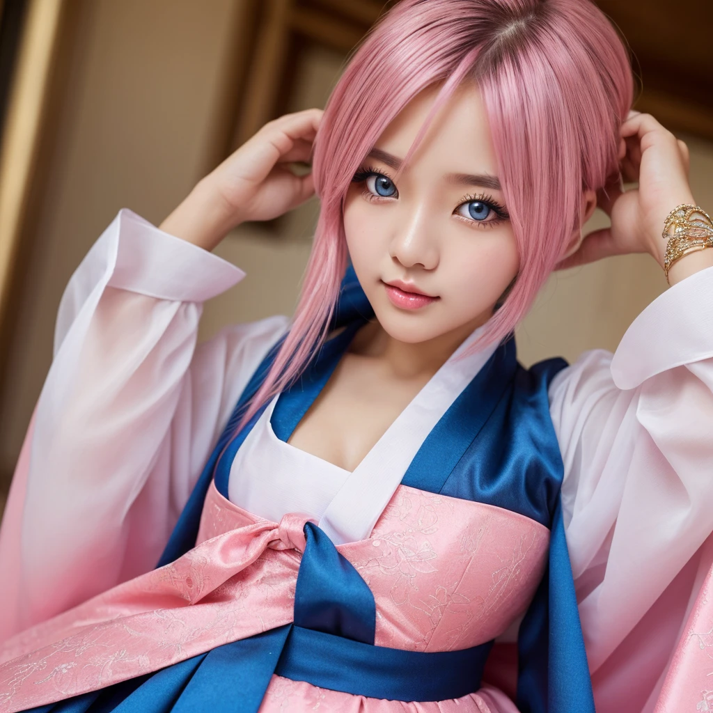 (finely detailed beautiful eyes and detailed face,masterpiece sidelighting,masterpiece,Highest quality,detailed,High resolution illustrations),, (One person,whole body,beautiful girl,Shiny skin,Looking down,View your viewers),, (Pink Hair,blue eyes,ribbon,Hanbok, korean clothing), (Dressed_Underbust:1.2),Underbust,