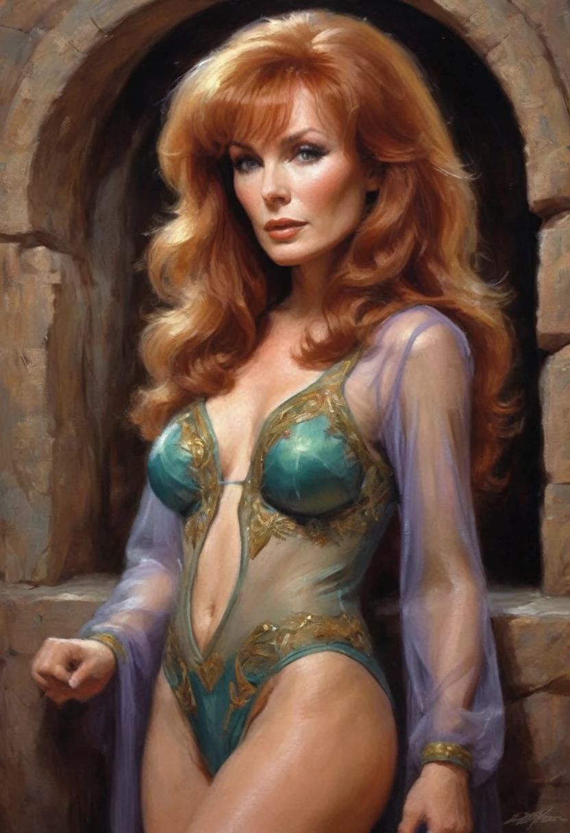 Beverly Crusher(age 25, young and vibrant), elf maiden, (sheer colorful embroidered lingerie no underwear) entranced, entering a mystic chamber with demons crawling up the walls, viewed from low angle, butt focus
